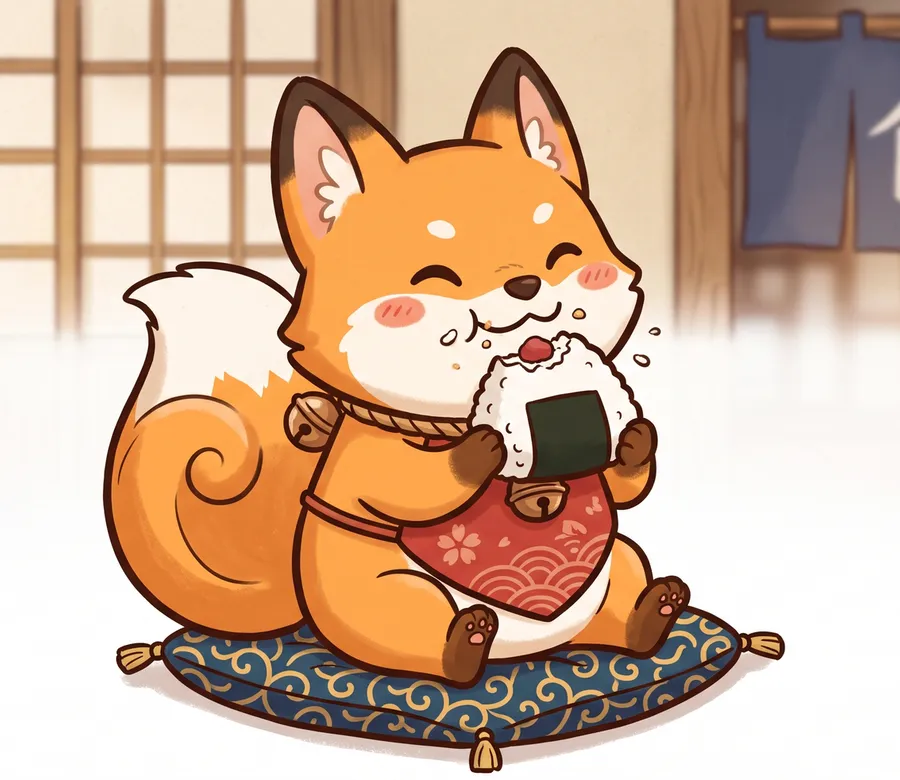 Inaripo, a plump little fox with cheeks stuffed with a rice ball
